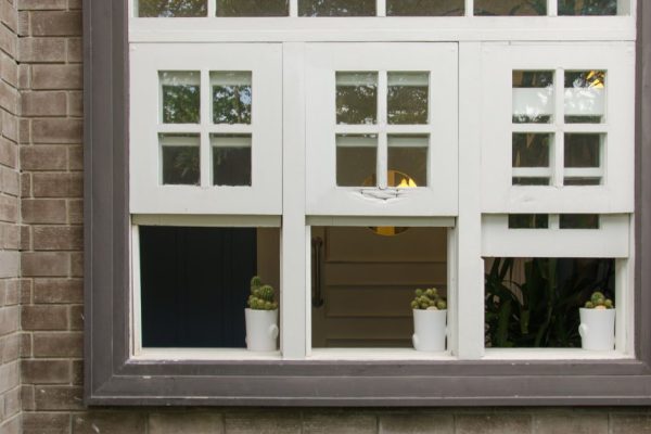 White window edges brown cactus pot on a window.