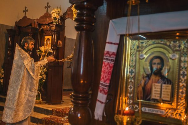 PORTO, PORTUGAL - APR 16, 2017: Celebration of Orthodox Easter in Parish of Sainted New Martyrs and Confessors of Russia. Russian Orthodox Church has more than 16 parishes and communities in Portugal.