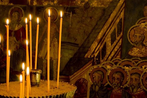 Iconography painted icons with saints on monastery wall