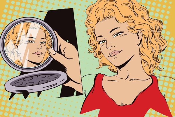 Stock illustration. People in retro style. Presentation template. Girl looks in a mirror. Portrait of a beautiful woman.