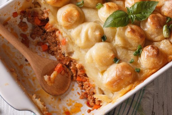 Shepherd's pie in the baking dish closeup. horizontal view from above