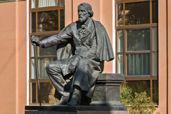 Monument to the famous Russian writer Ivan Sergeyevich Turgenev on Manezh square in Saint-Petersburg.
