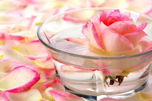 Infused water with rose petals in a reflection White Rose in a bowl of water and  petals.