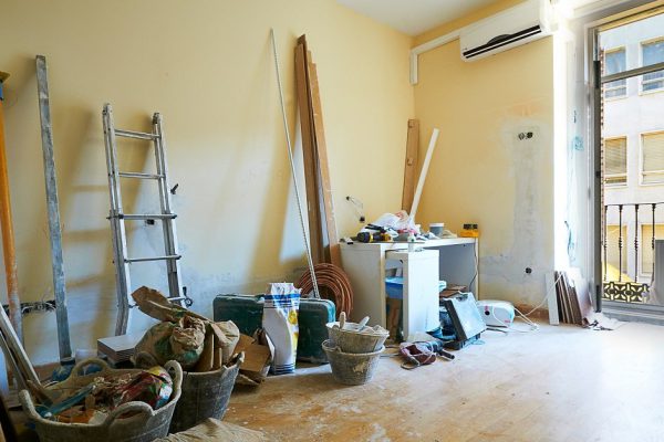 Hotel room at restoration with construction materials