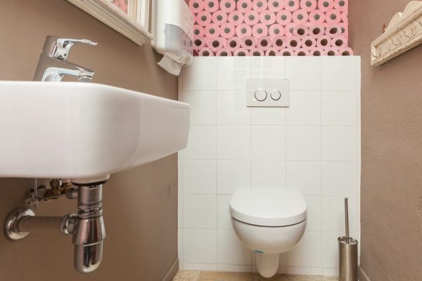 Small toilet room containing a toilet and a sink with pink toilet paper rolls decoration on the wall