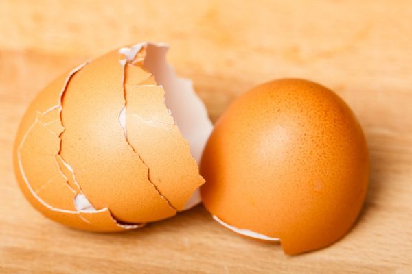 Kitchen food products details concept. Detailed closeup of empty cracked eggshells left after cooking.