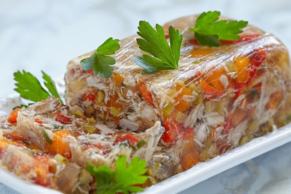 Rabbit galantine aspic with vegetables for Christmas