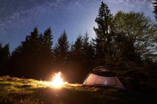 Night camping in mountains. Tourist tent by brightly burning campfire near forest under clear dark blue starry sky, Milky way. High pine trees on background. Beauty of nature and tourism concept.