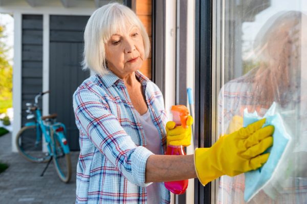 Busy grandmother. Beautiful blonde-haired grandmother feeling busy while washing windows outside the house
