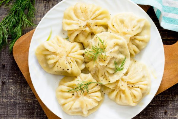 Traditional Georgian khinkali, selective focus, top view.