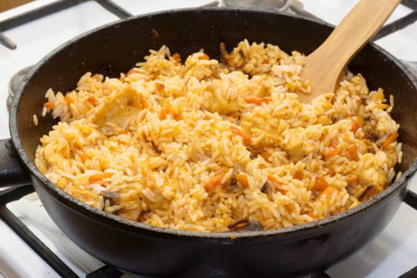 Full pan of pilaf stands at the plate