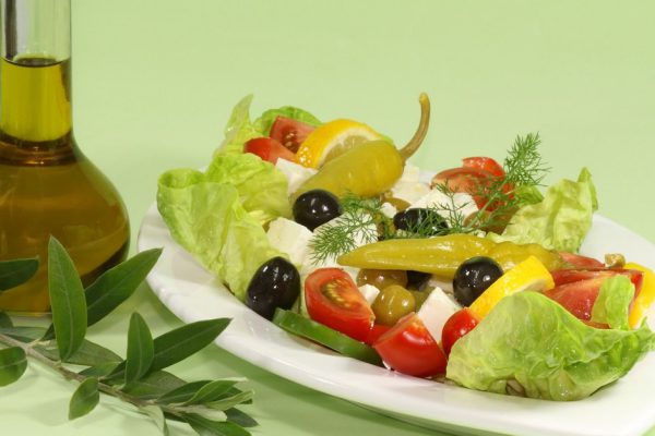 Greek salad with feta, bread and olive oil