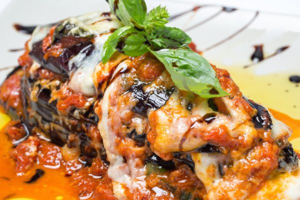 close up of tasty vegetarian egg plant