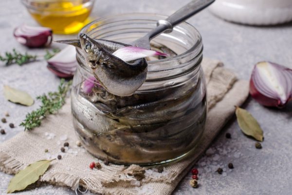 Organic fermented small fish with spices in a glass jar on a grey slate background. Selective focus.
