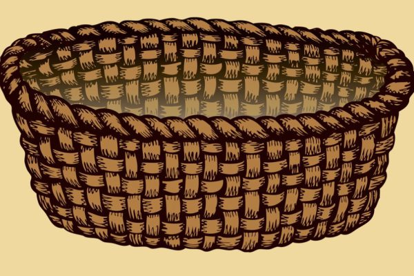 Vector monochrome freehand sketch picture. Empty wicker basket