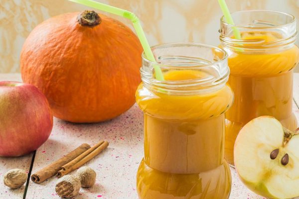 Freshly cooked smoothie pumpkin and apples with cinnamon and nutmeg