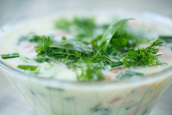Cold cucumber soup with vegetables and herbs