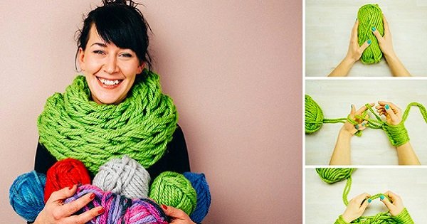С этим трюком ты сделаешь такой шарф сам за 30 минут. Без спиц, всего лишь руками!