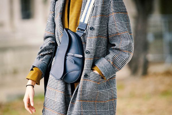 PARIS, FRANCE - MAY 03: A model wears a Prince of Wales check gray coat, a blue Dior Saddle bag, outside the Chanel Cruise Collection 2020  At Grand Palais on May 03, 2019 in Paris, France. (Photo by Edward Berthelot/Getty Images )