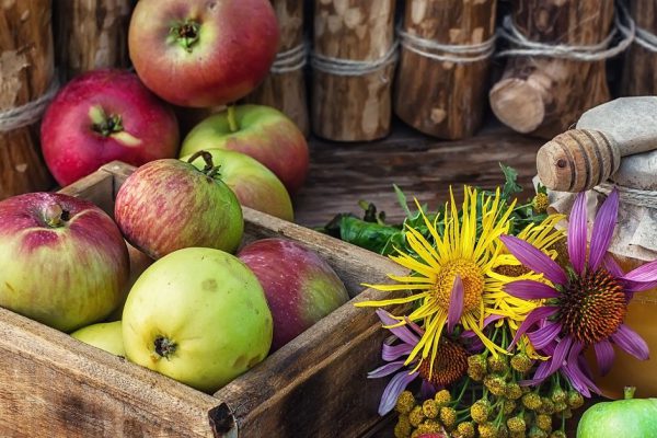 wooden box with the harvest of apples and honey for the holiday apple spas.Photo tinted.
