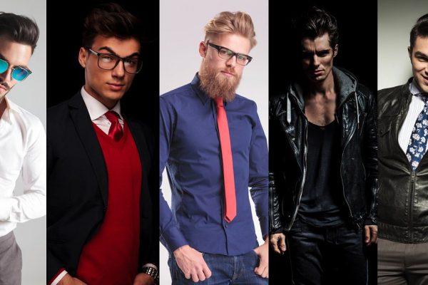 5 different men posing in studio, collage image