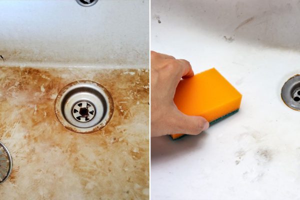 Накрываю раковину пищевой пленкой во время чистки, через час сверкает и благоухает, пятна и налет уходят сами