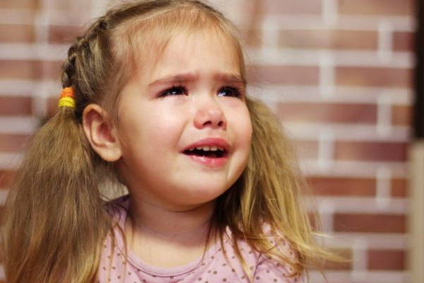 Portrait of crying child girl, indoor portrait