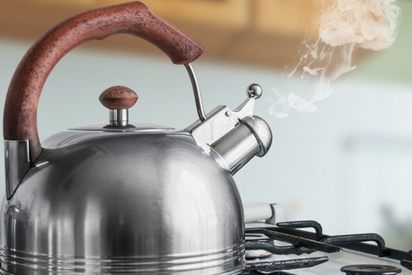 kettle boiling on a gas stove in the kitchen. Focus on a spout