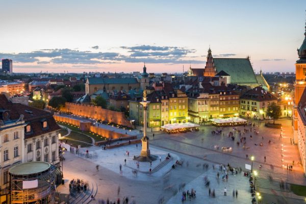 Night panorama of Old Town in Warsaw, Poland