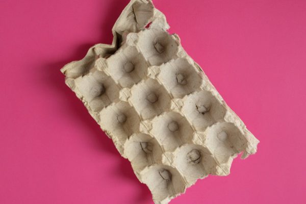 Empty Paper tray of eggs on bright pink background