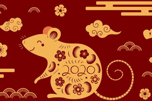 2020 Chinese New Year greeting card with rat silhouette, clouds, flowers, gold on red. Vector illustration. Flat style design. Concept for holiday banner, decor element.