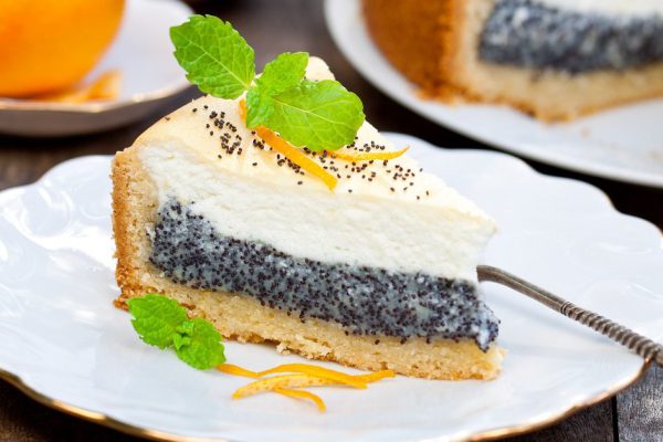 Homemade poppy seed cheese cake with oranges