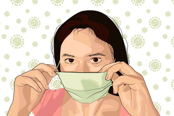 woman wearing mask on background with virus icon. medical mask
