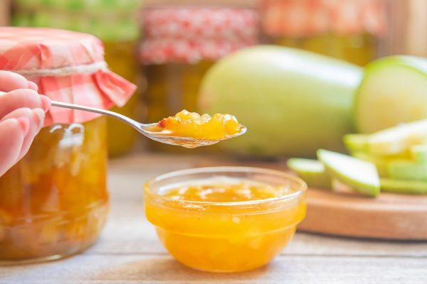 Preservation of zucchini. Zucchini jam. Selective focus Food