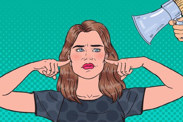 Pop Art Frustrated Woman Closed Ears with Fingers from Megaphone. Ignorance Concept. Vector illustration