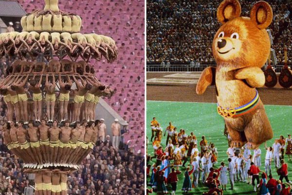 На открытии Олимпиады-1980 в Москве спортсмены изобразили живой самовар, традиционный символ русского гостеприимства
