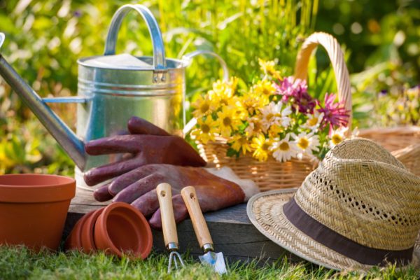 Gardening tools and a straw hat on the grass in the garden
