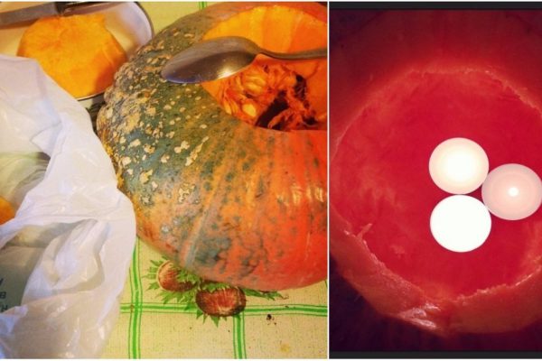 Муж привез с огорода тыкву, а я купила 4 чайные свечки и взяла в руки нож, чтобы сотворить нечто чудесное.