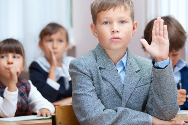 Schoolboy answer on question. Real lesson in classroom