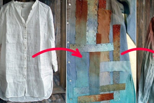 Эта умелица взяла в руки рубашку, краски и 11 лоскутков шириной 7 см. Результат — выше всех похвал!