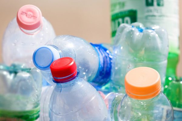 Plastic bottles in a refuse bin.