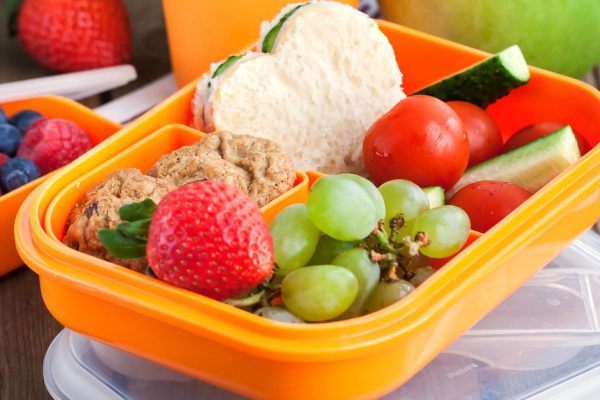Lunch box with sandwich, cookies, veggies and fruits