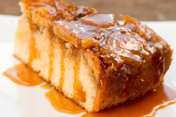 Upside down banana cake with coconut and caramel