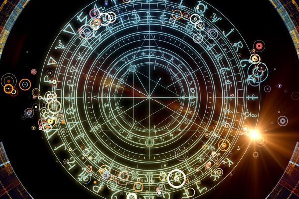 Background design of fractal elements, sacred symbols and circles on the subject of mysticism, occult, astrology and spirituality. Sacred circles series.