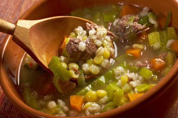 Scotch Broth Soup.farmhouse kitchen.old fashioned thrifty soup made from meat on the bon