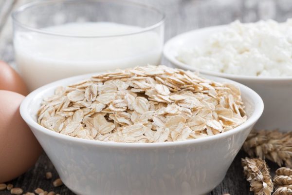 fresh products - oatmeal, eggs, cottage cheese and milk