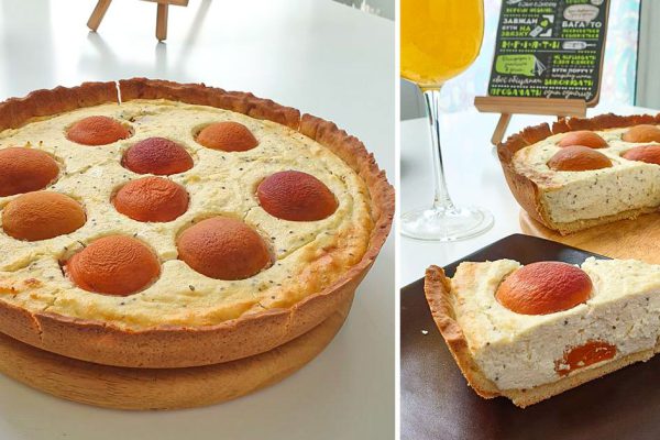 Летний пирог с абрикосами и творогом практически без теста, праздничный вариант