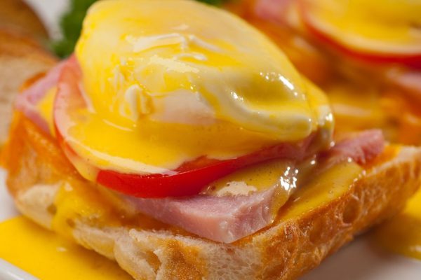 fresh eggs benedict on bread with tomato and ham