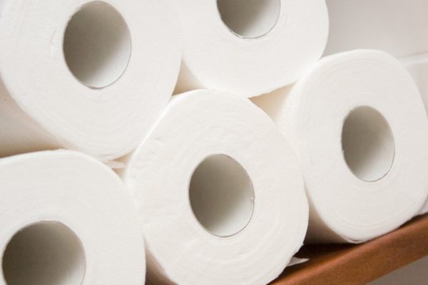 Five rolls of white toilet paper