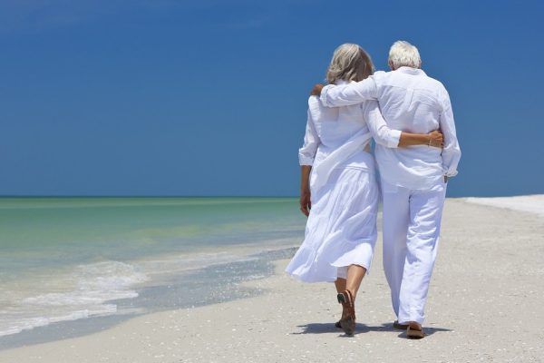 Rear View of Senior Couple Walking Alone on A Tropical Beach